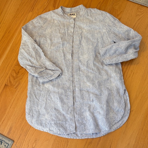 Flax Tops - Flax Pinstripe Button Down Shirt Floral Embroidered Linen Roll Tab Sleeves S
